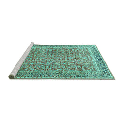 Sideview of Machine Washable Persian Turquoise Traditional Area Rugs, wshtr4447turq
