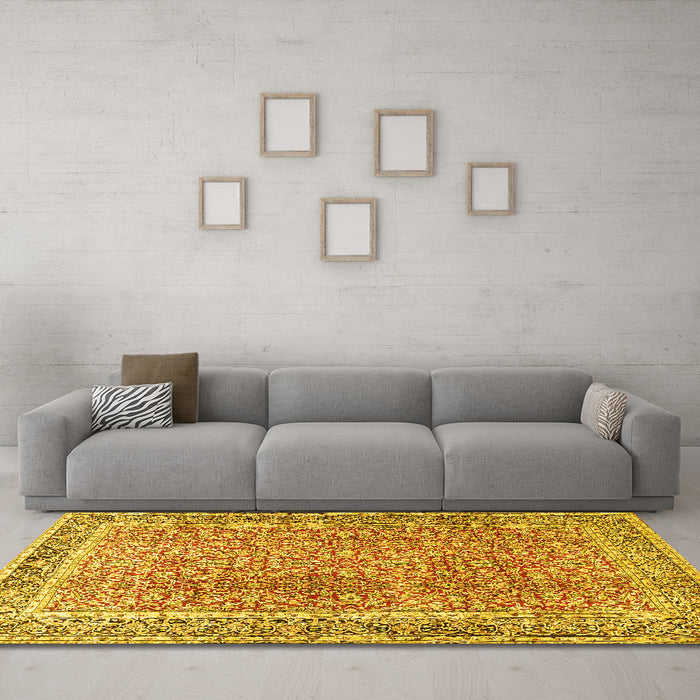 Machine Washable Persian Yellow Traditional Rug in a Living Room, wshtr4447yw