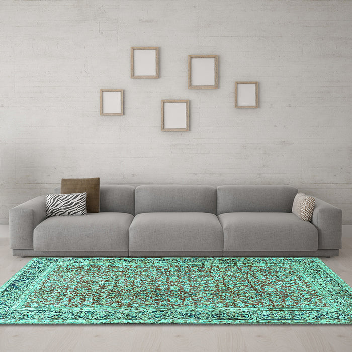Machine Washable Persian Turquoise Traditional Area Rugs in a Living Room,, wshtr4447turq