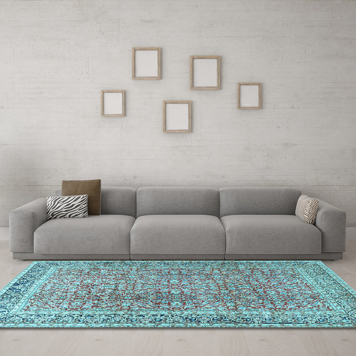 Machine Washable Persian Light Blue Traditional Rug in a Living Room, wshtr4447lblu