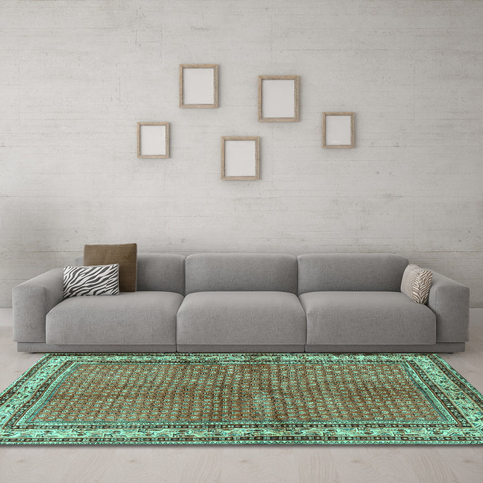 Machine Washable Persian Turquoise Traditional Area Rugs in a Living Room,, wshtr4448turq