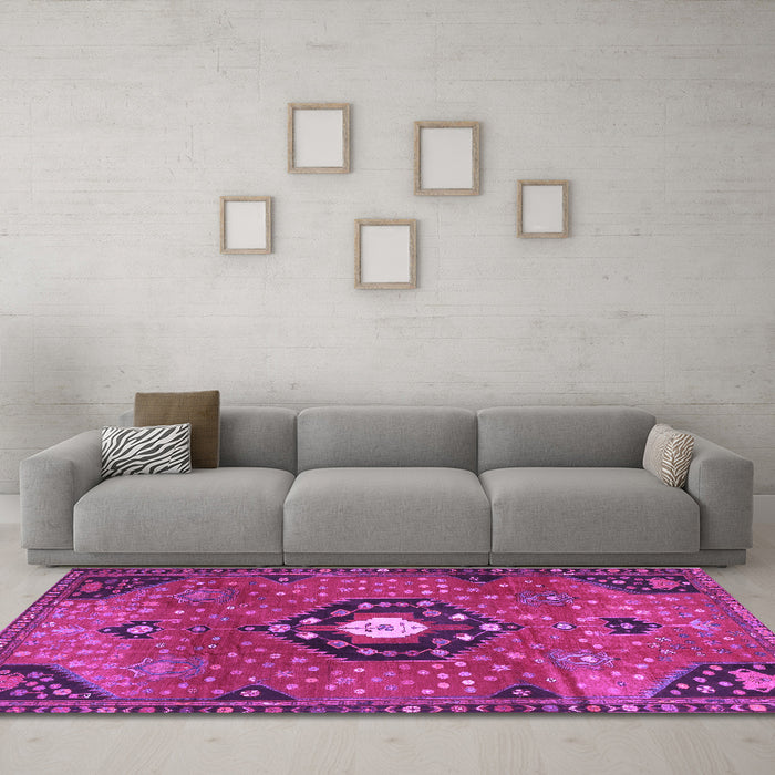 Machine Washable Medallion Purple Traditional Area Rugs in a Living Room, wshtr4449pur