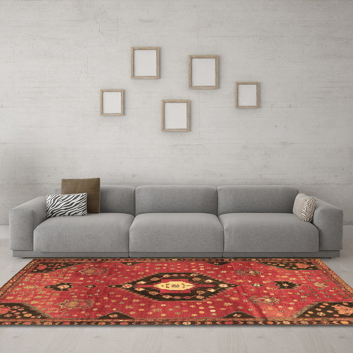 Machine Washable Medallion Brown Traditional Rug in a Living Room,, wshtr4449brn