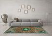 Machine Washable Medallion Turquoise Traditional Area Rugs in a Living Room,, wshtr4449turq