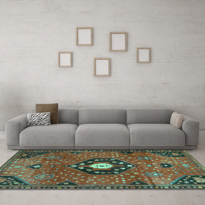 Machine Washable Medallion Turquoise Traditional Area Rugs in a Living Room,, wshtr4449turq