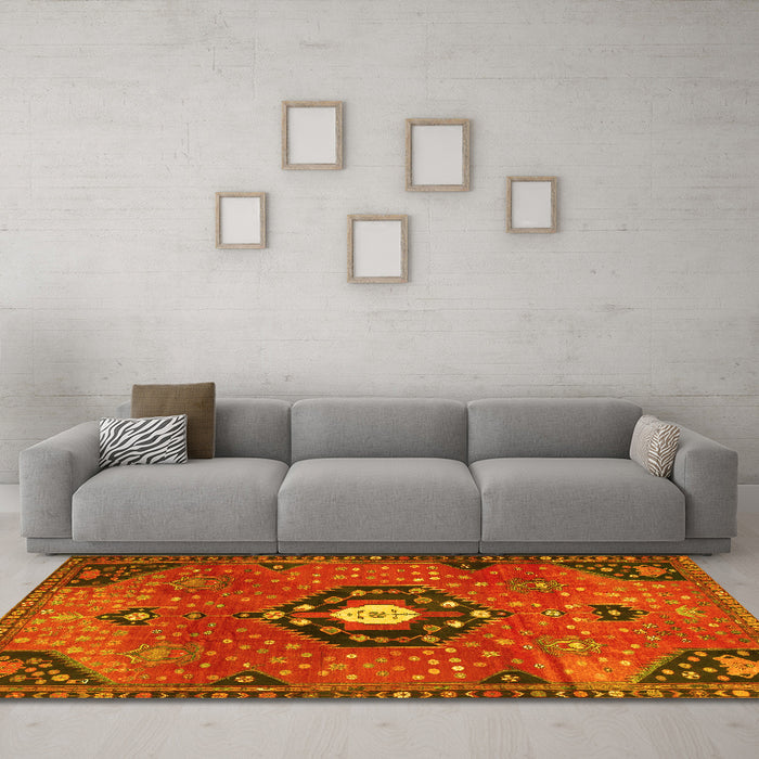 Machine Washable Medallion Yellow Traditional Rug in a Living Room, wshtr4449yw