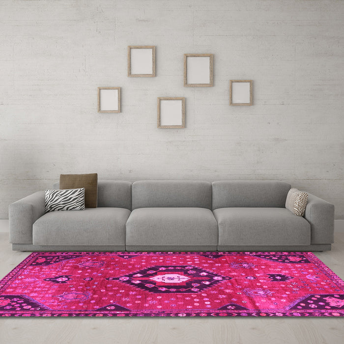 Machine Washable Medallion Pink Traditional Rug in a Living Room, wshtr4449pnk