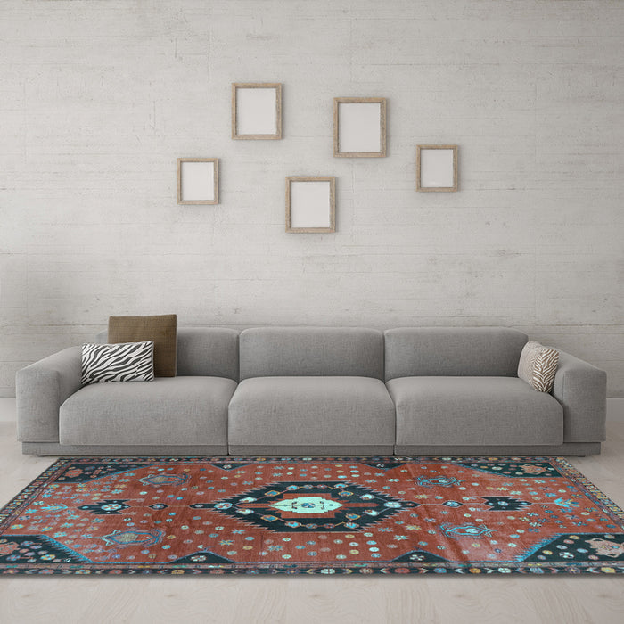 Machine Washable Medallion Light Blue Traditional Rug in a Living Room, wshtr4449lblu