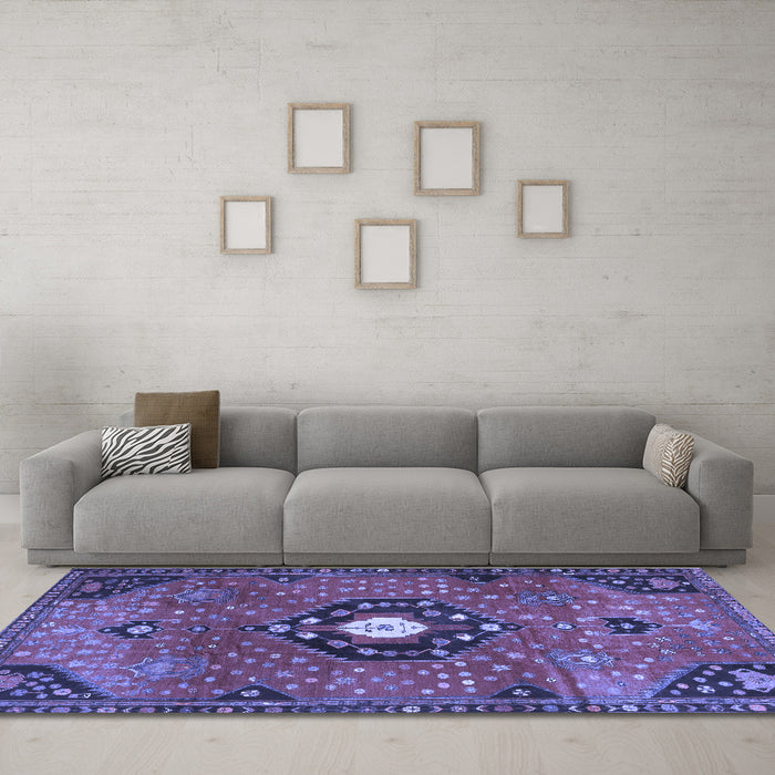 Machine Washable Medallion Blue Traditional Rug in a Living Room, wshtr4449blu
