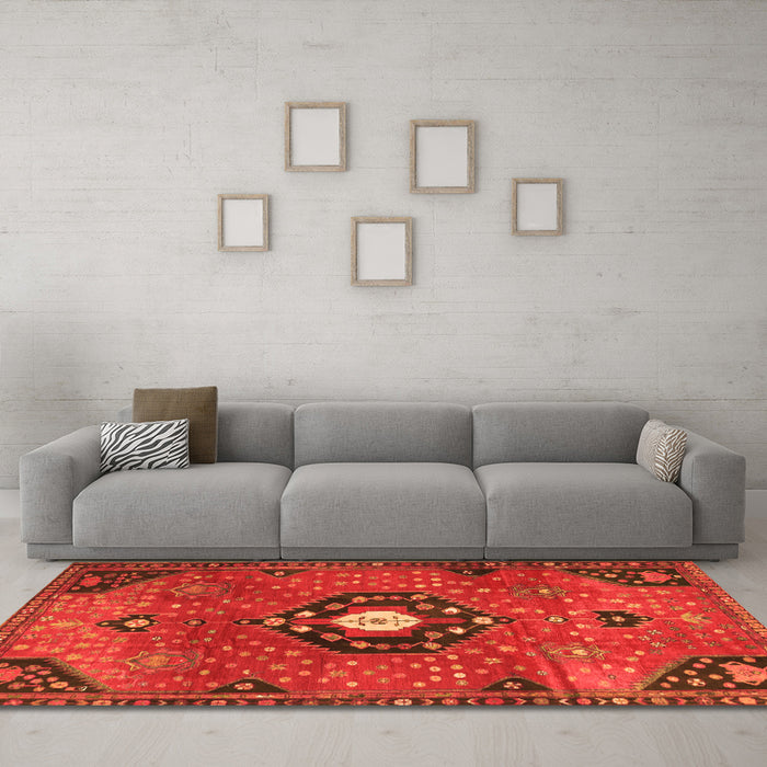 Machine Washable Medallion Orange Traditional Area Rugs in a Living Room, wshtr4449org