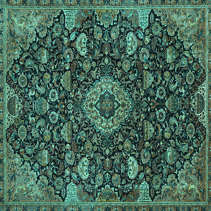Square Machine Washable Medallion Turquoise Traditional Area Rugs, wshtr444turq
