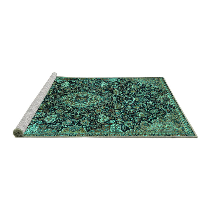 Sideview of Machine Washable Medallion Turquoise Traditional Area Rugs, wshtr444turq