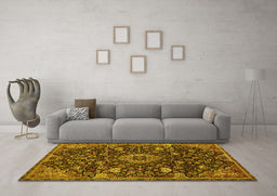 Machine Washable Medallion Yellow Traditional Rug in a Living Room, wshtr444yw