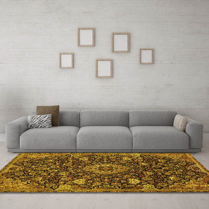Machine Washable Medallion Yellow Traditional Rug in a Living Room, wshtr444yw