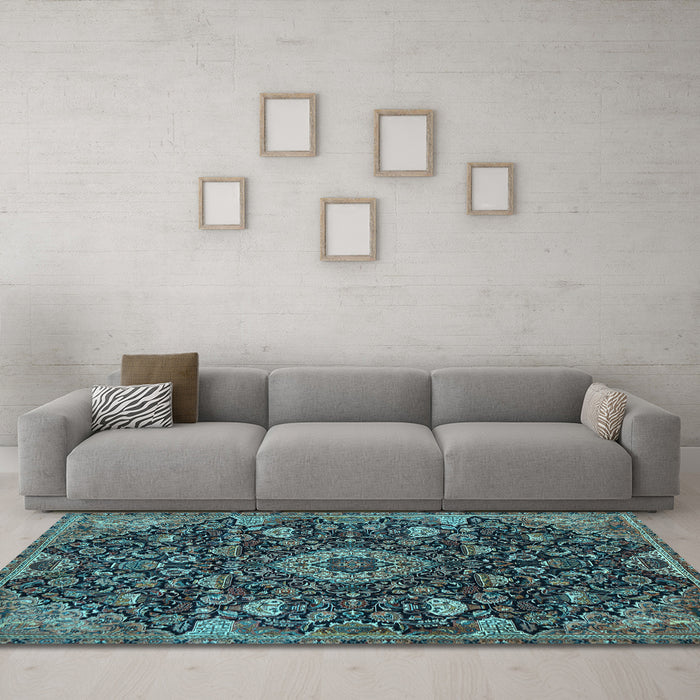 Machine Washable Medallion Light Blue Traditional Rug in a Living Room, wshtr444lblu