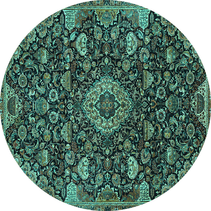 Round Machine Washable Medallion Turquoise Traditional Area Rugs, wshtr444turq