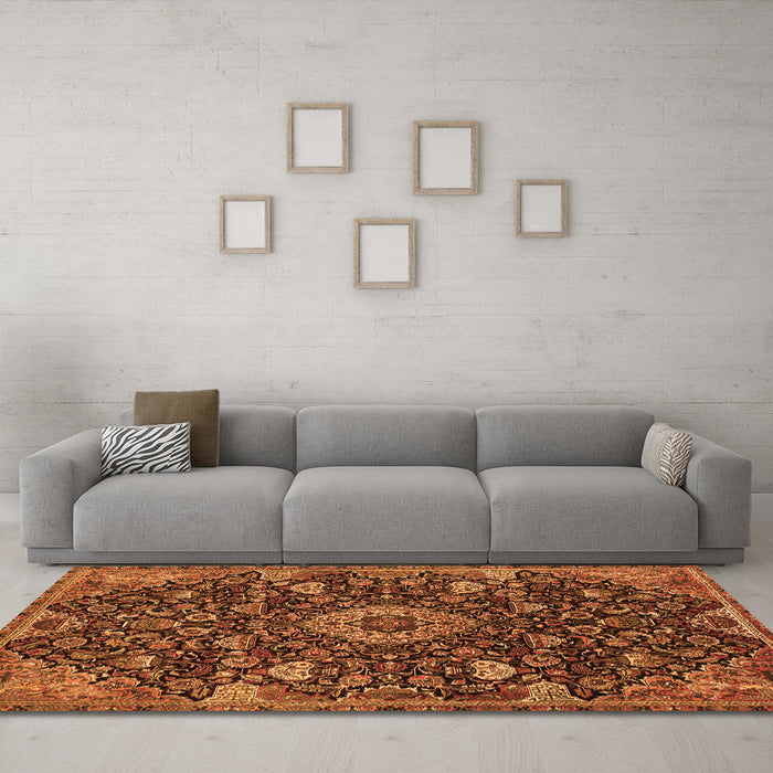 Machine Washable Medallion Orange Traditional Area Rugs in a Living Room, wshtr444org