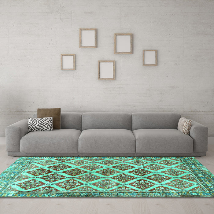 Machine Washable Persian Turquoise Traditional Area Rugs in a Living Room,, wshtr4450turq