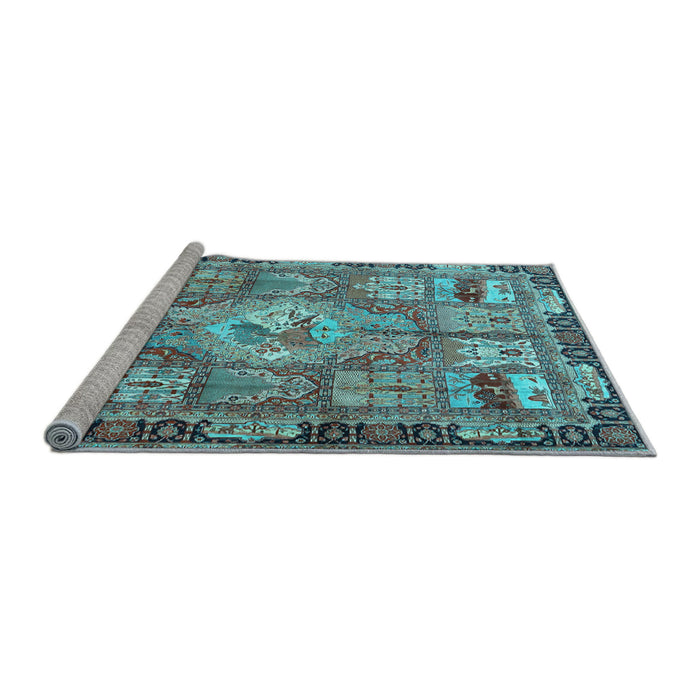 Sideview of Machine Washable Medallion Light Blue Traditional Rug, wshtr4451lblu
