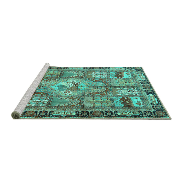 Sideview of Machine Washable Medallion Turquoise Traditional Area Rugs, wshtr4451turq