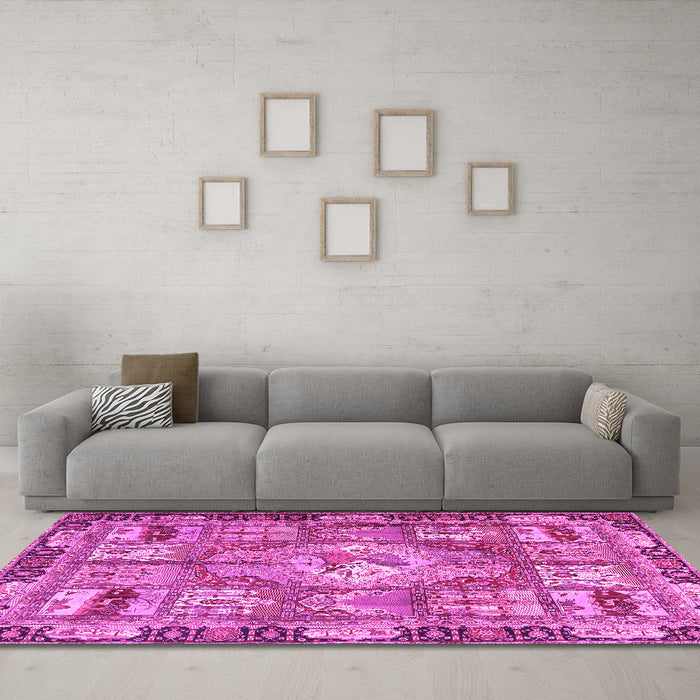 Machine Washable Medallion Pink Traditional Rug in a Living Room, wshtr4451pnk