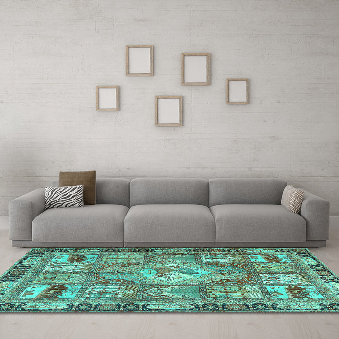 Machine Washable Medallion Turquoise Traditional Area Rugs in a Living Room,, wshtr4451turq