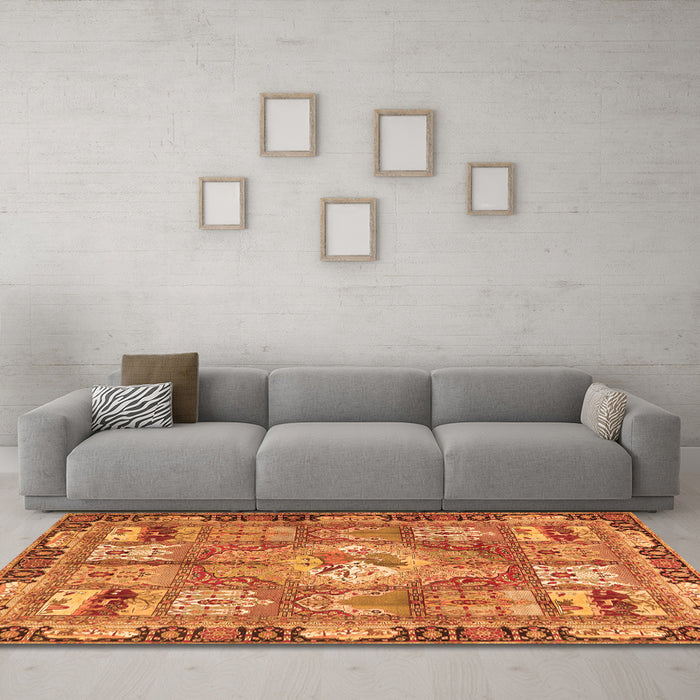 Machine Washable Medallion Orange Traditional Area Rugs in a Living Room, wshtr4451org