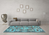 Machine Washable Medallion Light Blue Traditional Rug, wshtr4451lblu