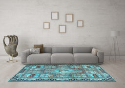 Machine Washable Medallion Light Blue Traditional Rug in a Living Room, wshtr4451lblu
