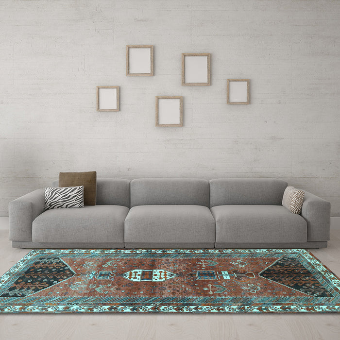 Machine Washable Medallion Light Blue Traditional Rug in a Living Room, wshtr4452lblu