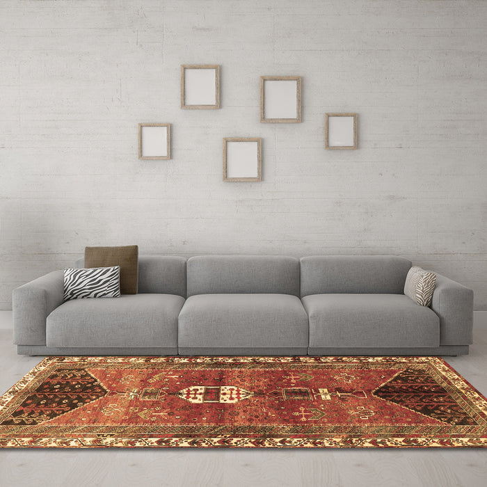 Machine Washable Medallion Brown Traditional Rug in a Living Room,, wshtr4452brn