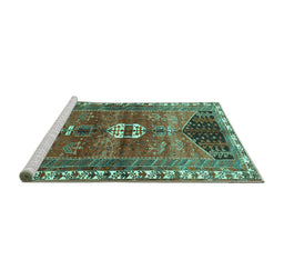 Sideview of Machine Washable Medallion Turquoise Traditional Area Rugs, wshtr4452turq