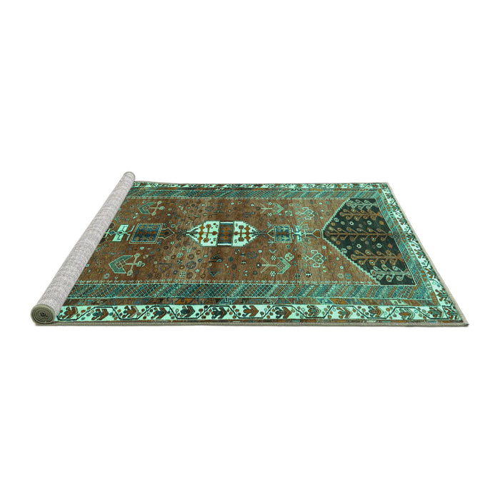 Sideview of Machine Washable Medallion Turquoise Traditional Area Rugs, wshtr4452turq