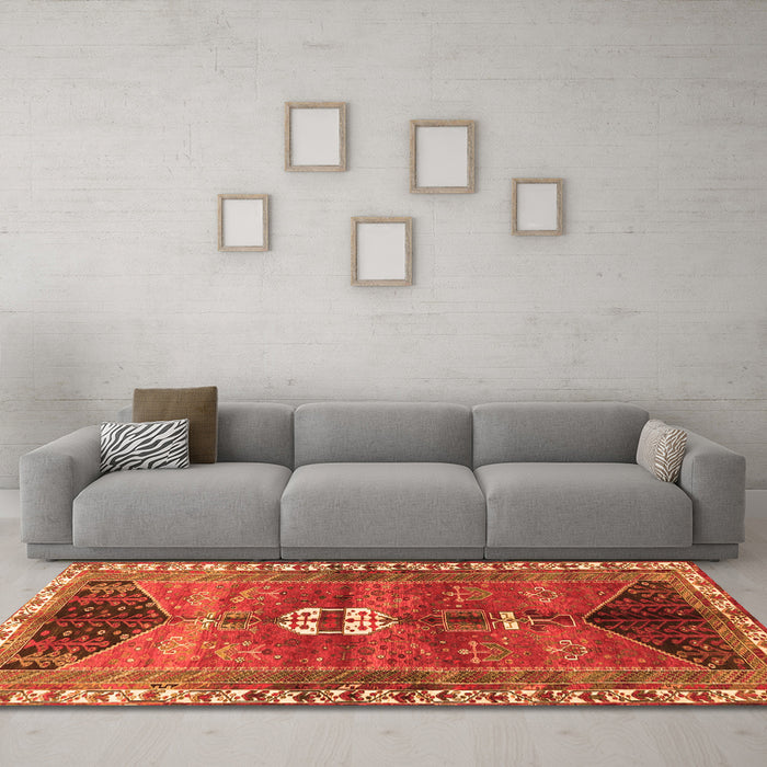 Machine Washable Medallion Orange Traditional Area Rugs in a Living Room, wshtr4452org