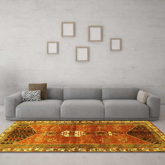 Machine Washable Medallion Yellow Traditional Rug in a Living Room, wshtr4452yw