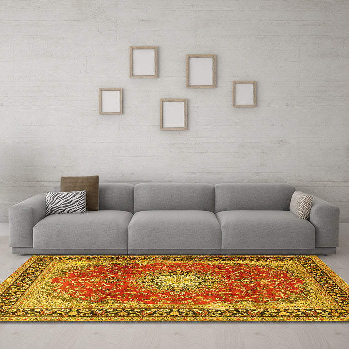 Machine Washable Persian Yellow Traditional Rug in a Living Room, wshtr4453yw