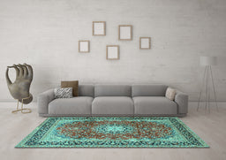 Machine Washable Persian Turquoise Traditional Area Rugs in a Living Room,, wshtr4453turq