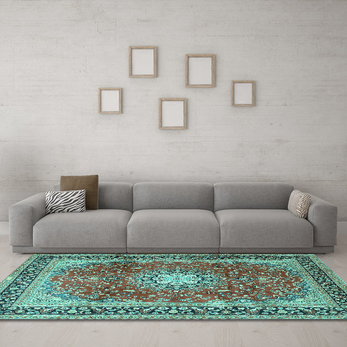 Machine Washable Persian Turquoise Traditional Area Rugs in a Living Room,, wshtr4453turq