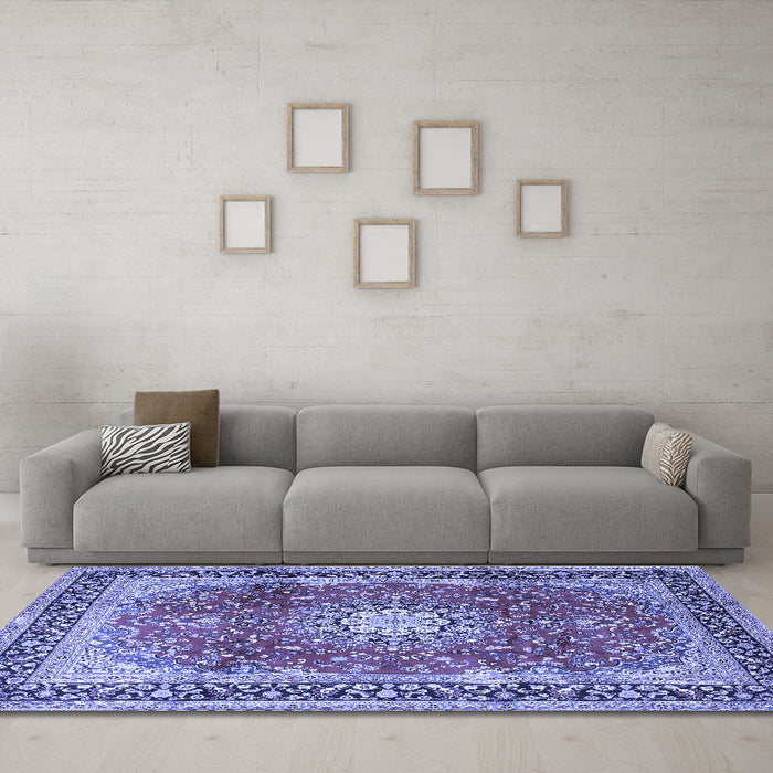 Machine Washable Persian Blue Traditional Rug in a Living Room, wshtr4453blu