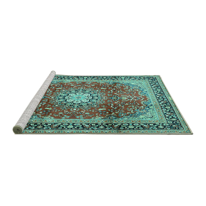 Sideview of Machine Washable Persian Turquoise Traditional Area Rugs, wshtr4453turq
