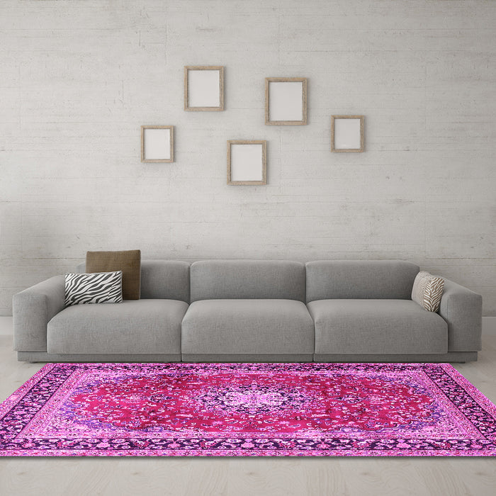 Machine Washable Persian Pink Traditional Rug in a Living Room, wshtr4453pnk