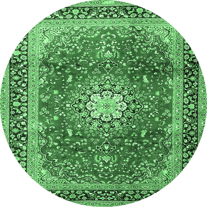 Round Machine Washable Persian Emerald Green Traditional Area Rugs, wshtr4453emgrn