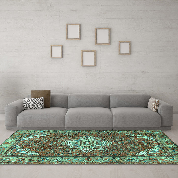 Machine Washable Persian Turquoise Traditional Area Rugs in a Living Room,, wshtr4454turq
