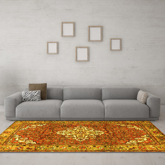 Machine Washable Persian Yellow Traditional Rug in a Living Room, wshtr4454yw