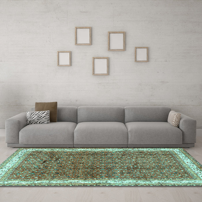 Machine Washable Persian Turquoise Traditional Area Rugs in a Living Room,, wshtr4455turq