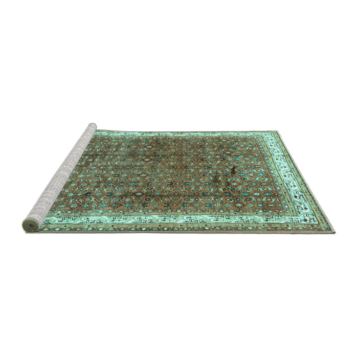 Sideview of Machine Washable Persian Turquoise Traditional Area Rugs, wshtr4455turq