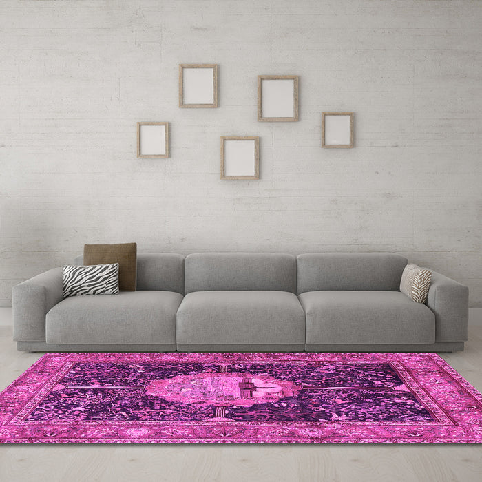 Machine Washable Persian Pink Traditional Rug in a Living Room, wshtr4456pnk
