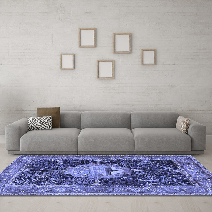 Machine Washable Persian Blue Traditional Rug in a Living Room, wshtr4456blu