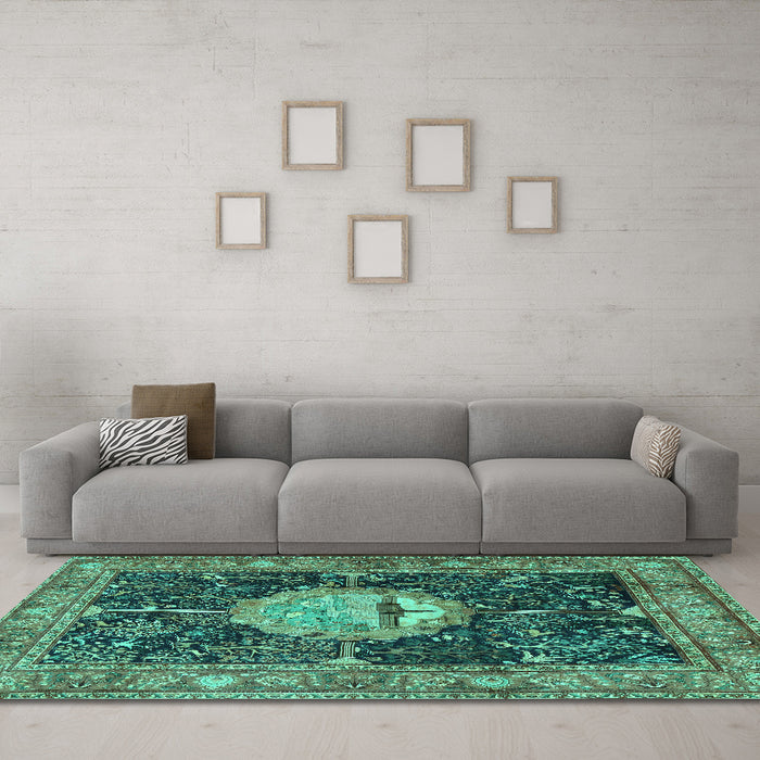 Machine Washable Persian Turquoise Traditional Area Rugs in a Living Room,, wshtr4456turq