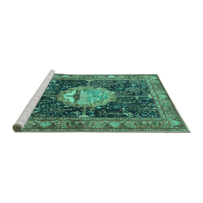 Sideview of Machine Washable Persian Turquoise Traditional Area Rugs, wshtr4456turq